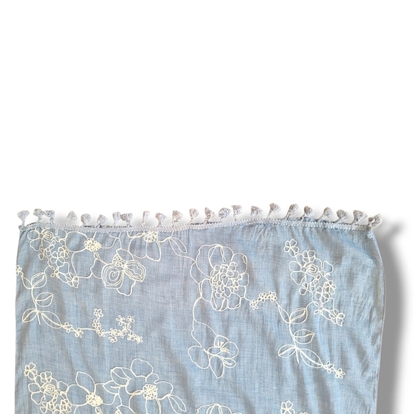 Bruges Blue Chambray Floral Embroidered Pompom Fringe Shawl - Picture 3 of 6